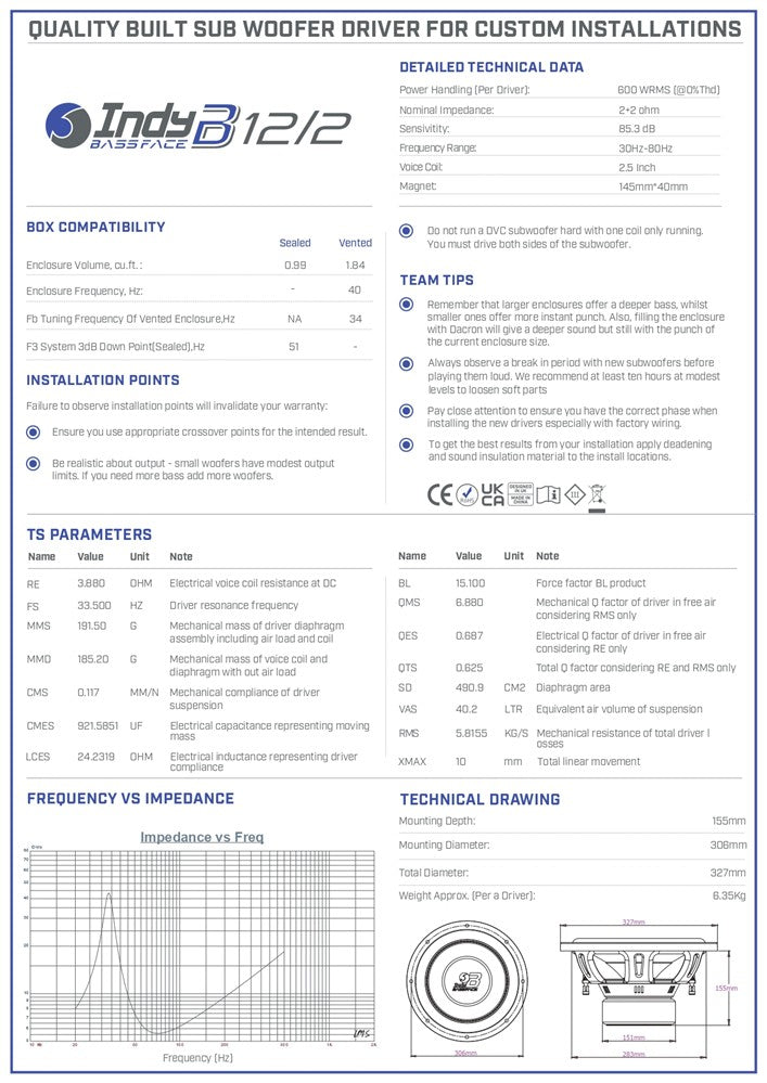 Bassface Indy B12/2 12" 30cm 2x2Ohm DVC Subwoofer 600w RMS (Sealed or Ported Enclosures)