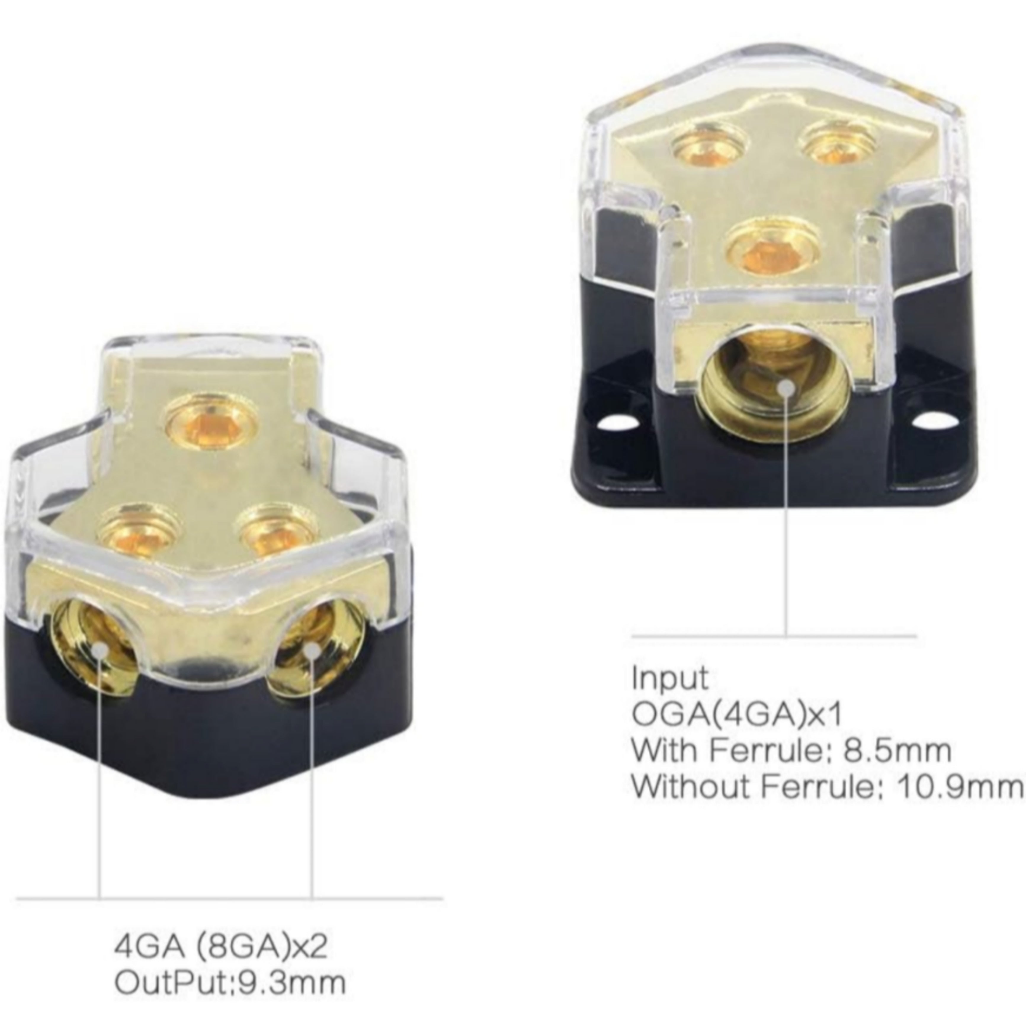 2 way Power Distribution Block, 0/2/4 AWG Gauge in, 4/8/10 Gauge Out,Car Audio Stereo Amp Distribution Connecting Block for Audio Splitter (1 in 2 Out)