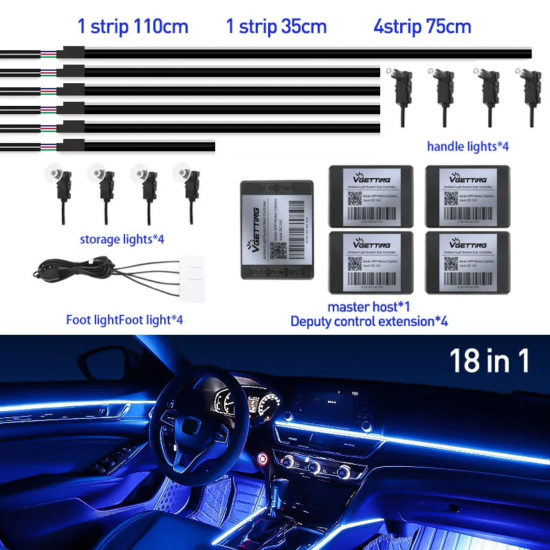 Full Color Streamer Car Ambient Lights RGB 64 Color Universal LED Interior