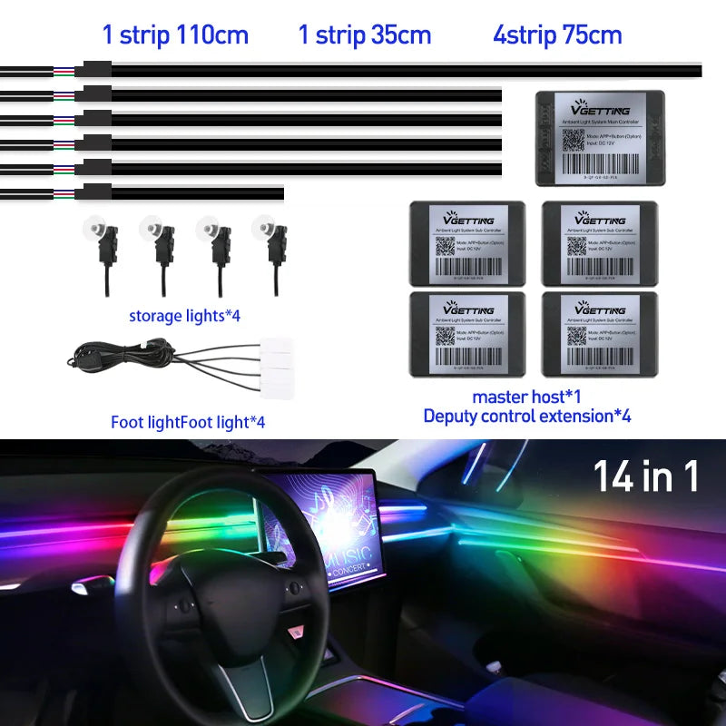 Full Color Streamer Car Ambient Lights RGB 64 Color Universal LED Interior