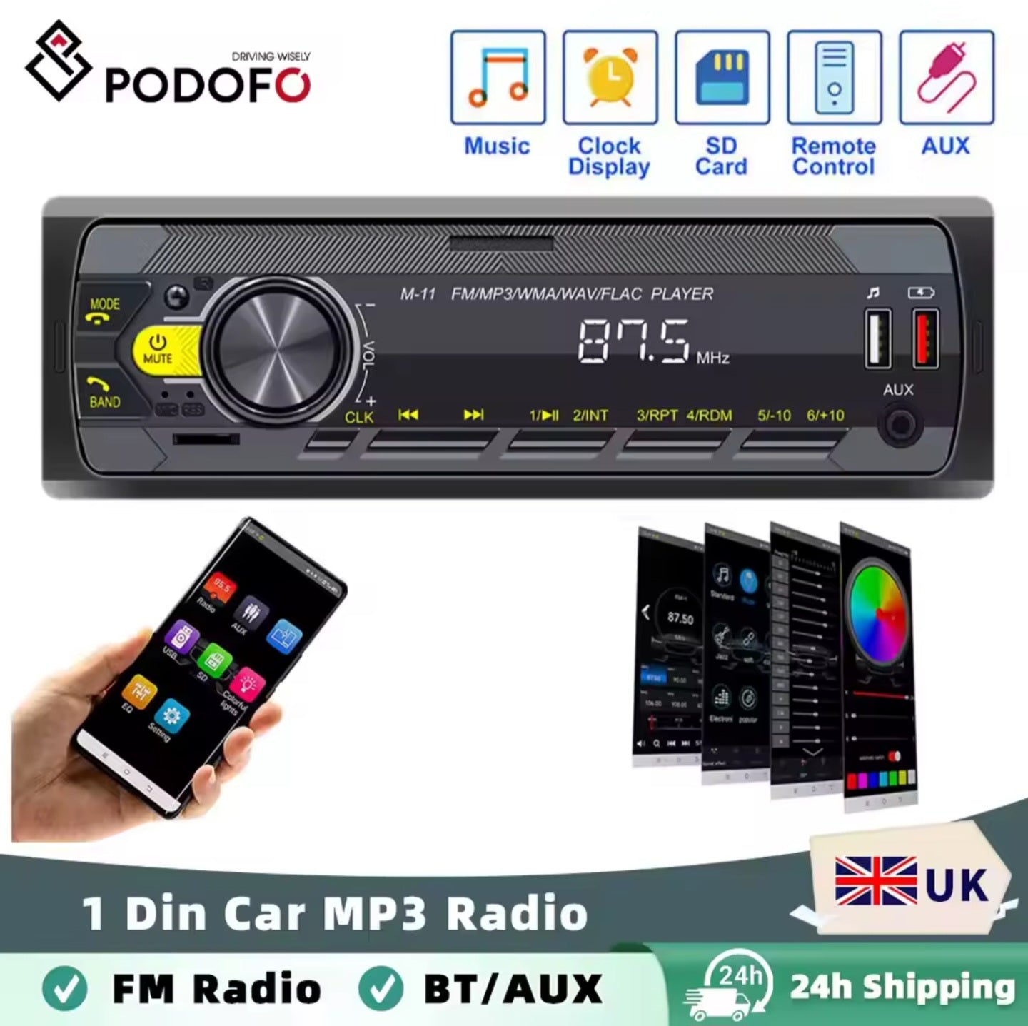 Podofo 1 Din MP3 Car Radio Audio Stereo FM Aux Input Receiver SD TF USB 12V In-dash Bluetooth Multimedia Auto Radio Plaver
