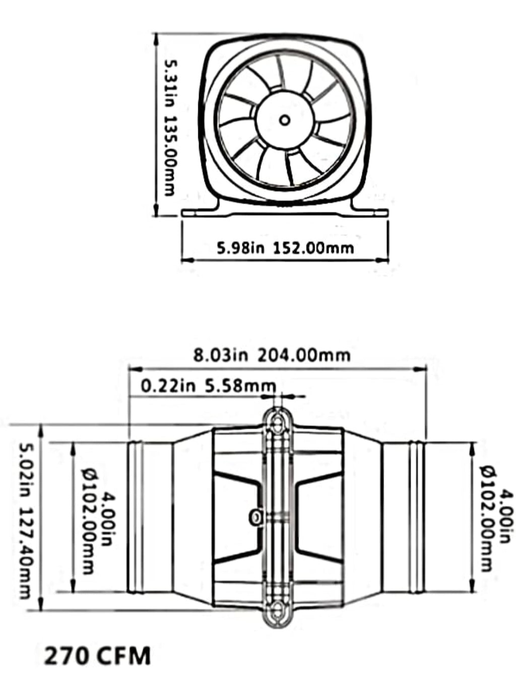 In Line Air Blower, DC 12V 4In Ventilation Blower Air Vent In-Line Fan Air Flow: 270CFM