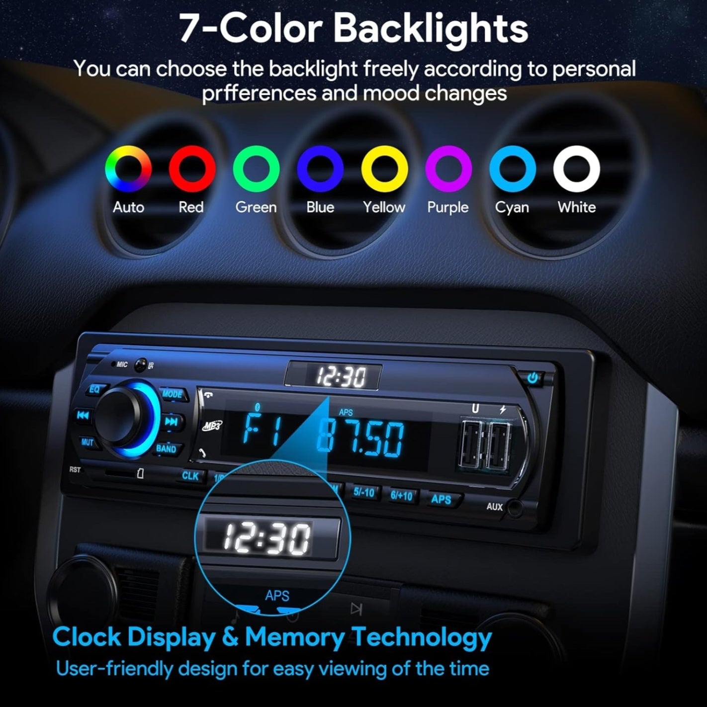 RDS Car Radio Bluetooth Hands-free, 9-24V Car Stereo 4 x 65W FM/AM Radio LCD Clock with 7 Colors Lighting, MP3 Player Supports 2 USB/AUX/SD