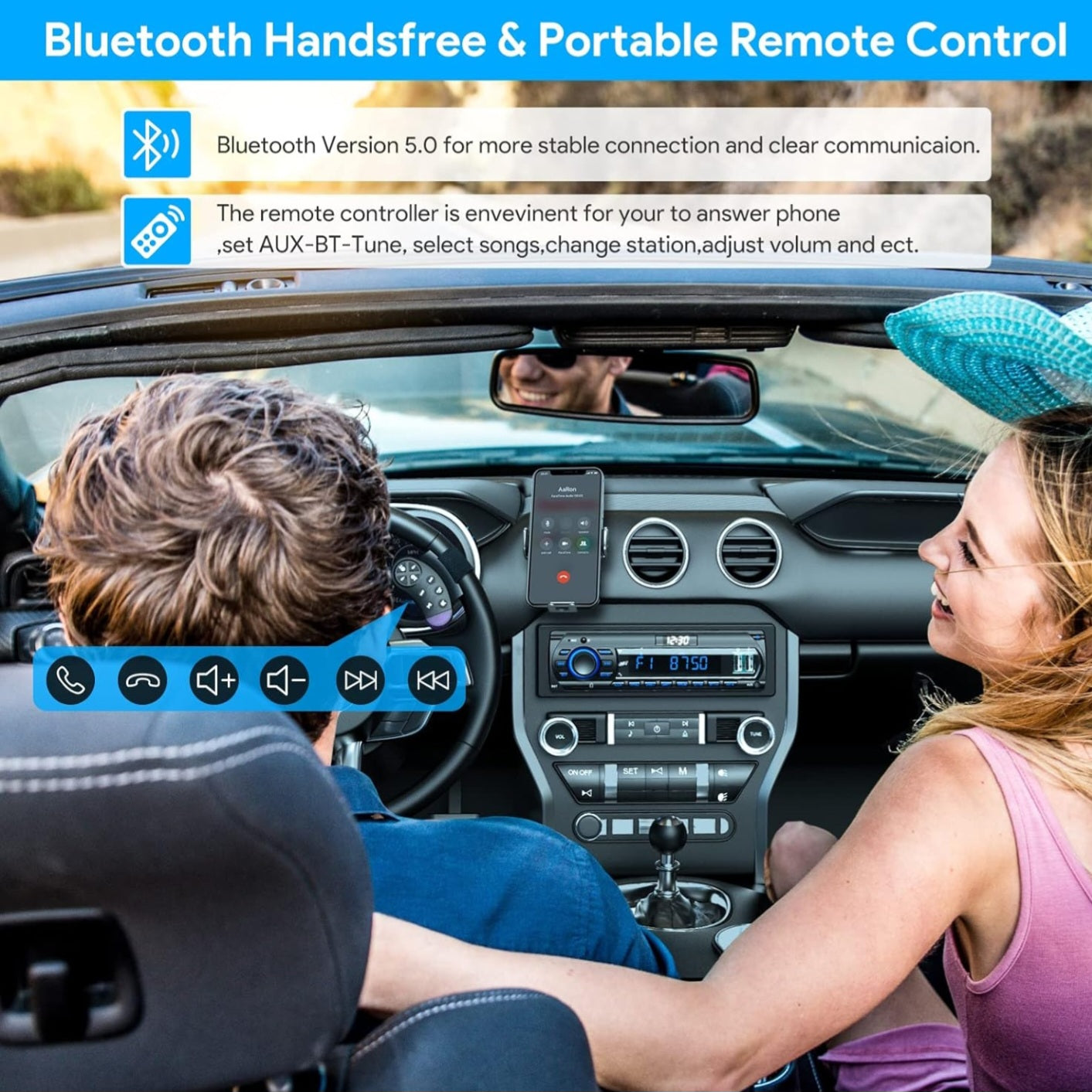 RDS Car Radio Bluetooth Hands-free, 9-24V Car Stereo 4 x 65W FM/AM Radio LCD Clock with 7 Colors Lighting, MP3 Player Supports 2 USB/AUX/SD