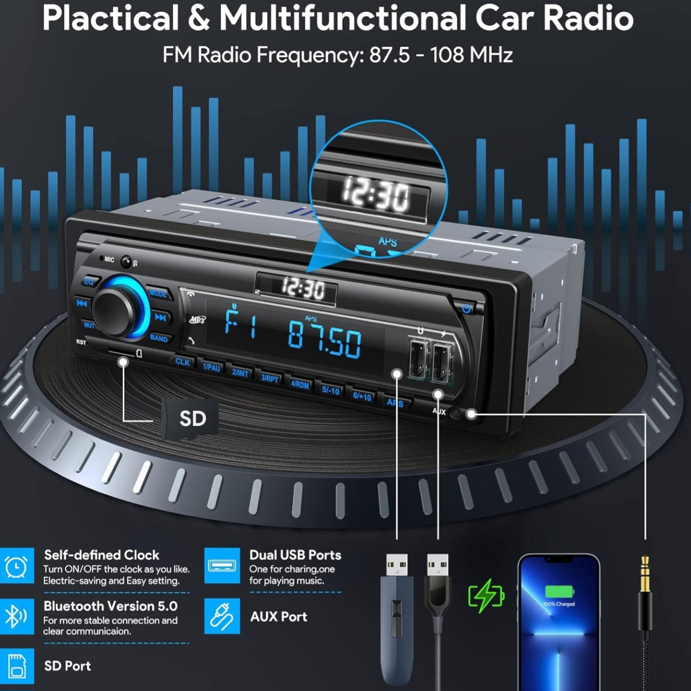 RDS Car Radio Bluetooth Hands-free, 9-24V Car Stereo 4 x 65W FM/AM Radio LCD Clock with 7 Colors Lighting, MP3 Player Supports 2 USB/AUX/SD