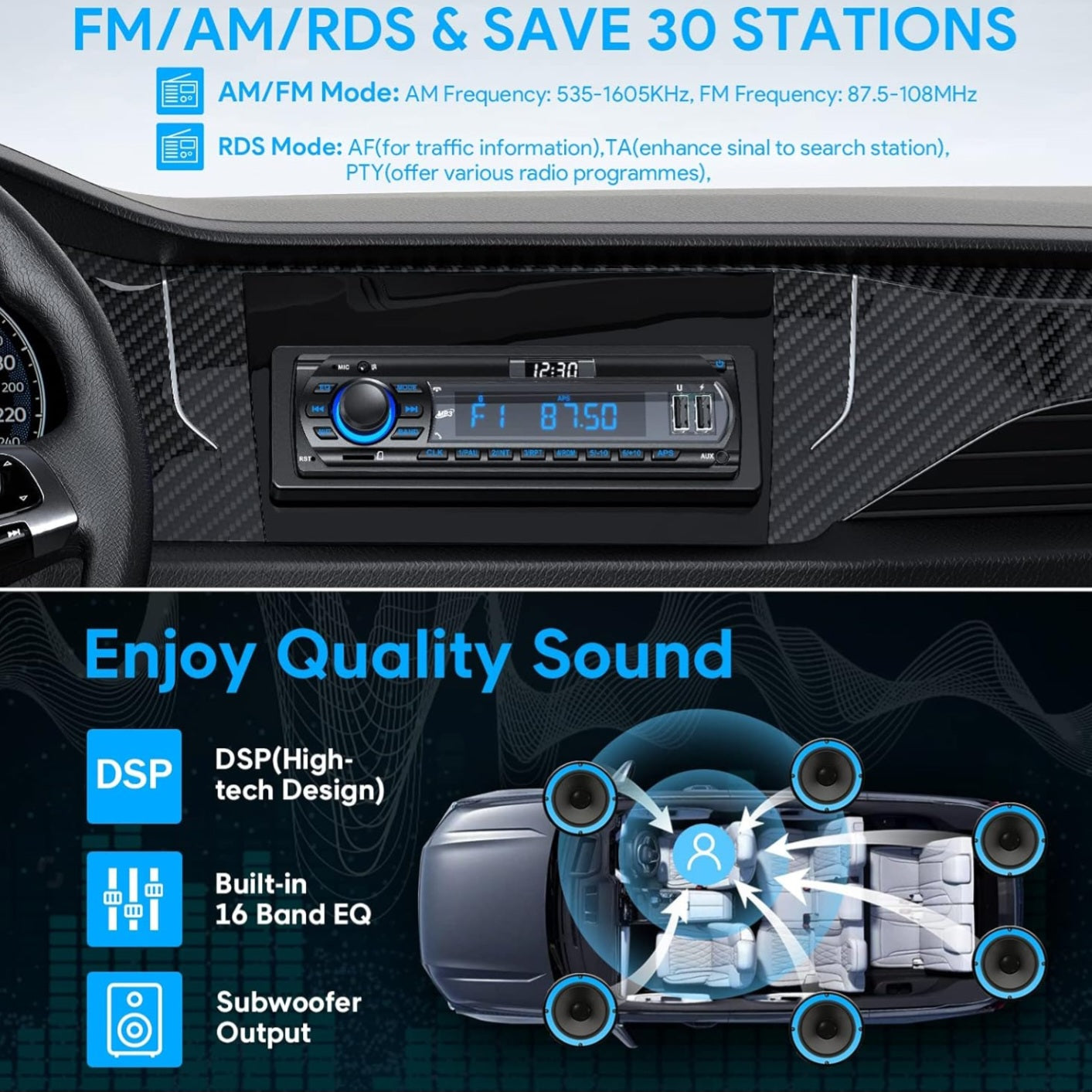 RDS Car Radio Bluetooth Hands-free, 9-24V Car Stereo 4 x 65W FM/AM Radio LCD Clock with 7 Colors Lighting, MP3 Player Supports 2 USB/AUX/SD