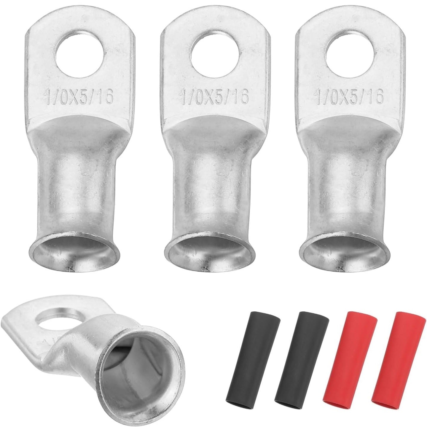 4 pcs 1/0 AWG M8 Battery Lugs Ring Terminals, 5/16" 8mm Stud Crimp Wire Terminal Connector End Copper, 3:1 Heat Shrink Tubing, Silver