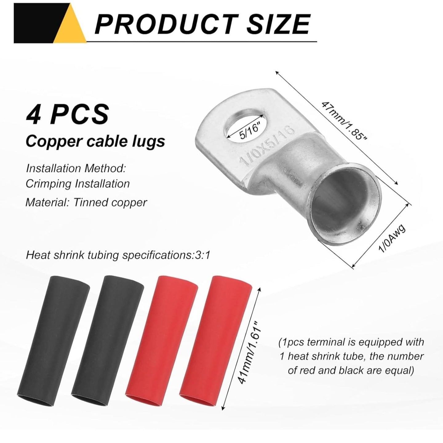 4 pcs 1/0 AWG M8 Battery Lugs Ring Terminals, 5/16" 8mm Stud Crimp Wire Terminal Connector End Copper, 3:1 Heat Shrink Tubing, Silver
