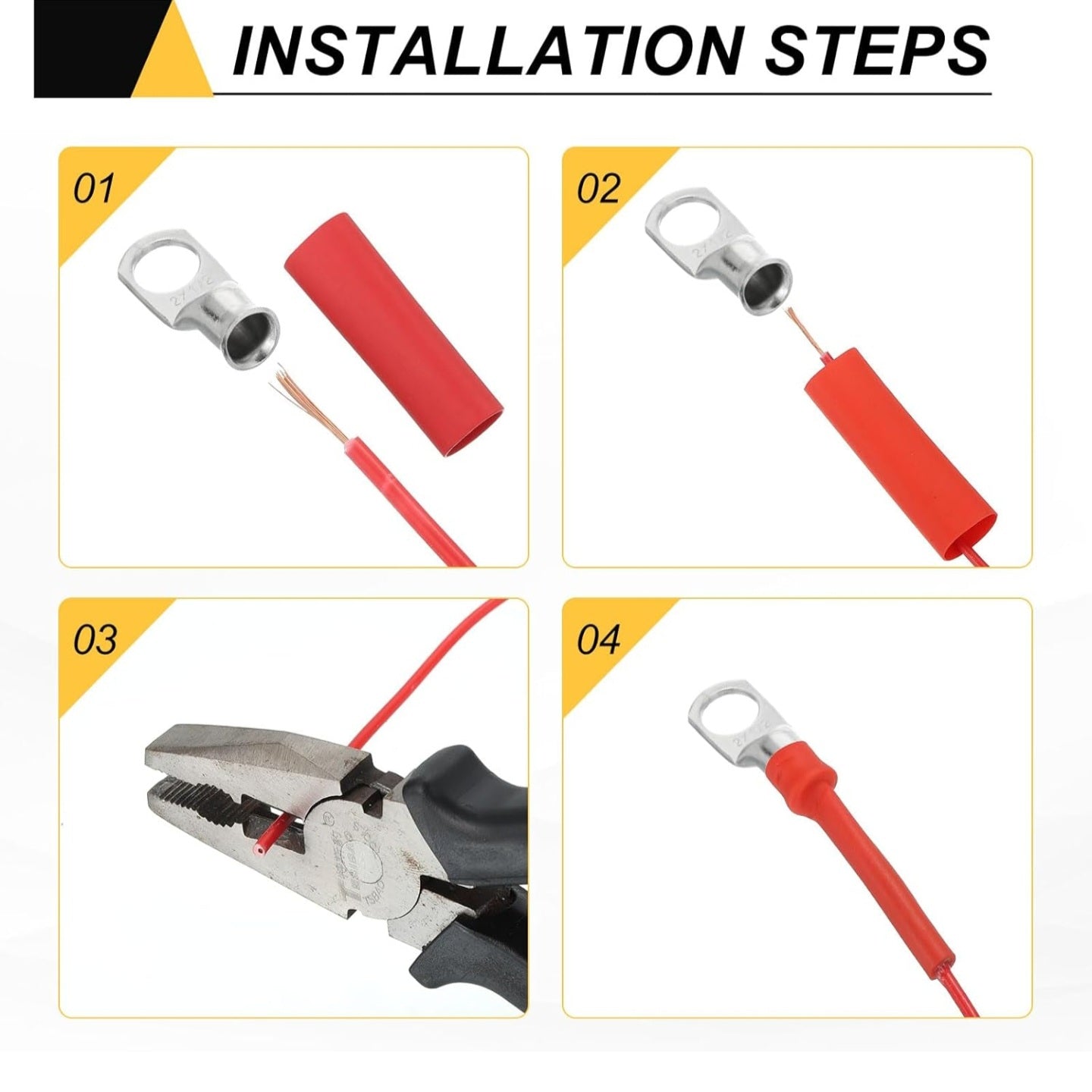 4 pcs 1/0 AWG M8 Battery Lugs Ring Terminals, 5/16" 8mm Stud Crimp Wire Terminal Connector End Copper, 3:1 Heat Shrink Tubing, Silver