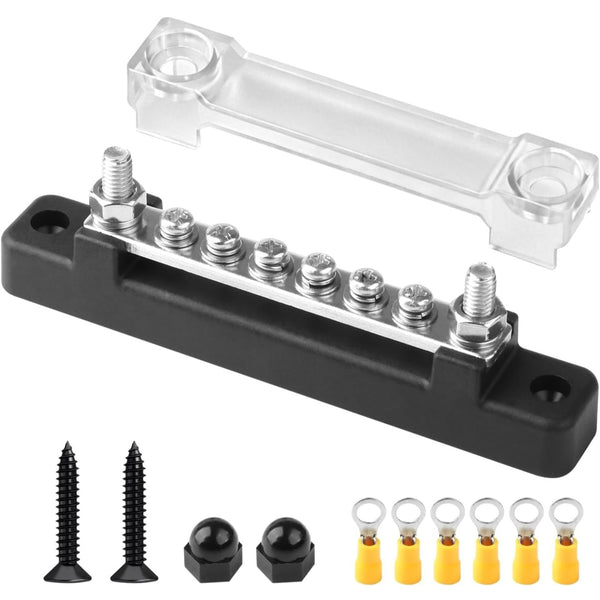 12V-48V 150A Bus Bar Power Distribution Block, M6 Studs M4 Screws, Insulated Common Busbar for power wire.