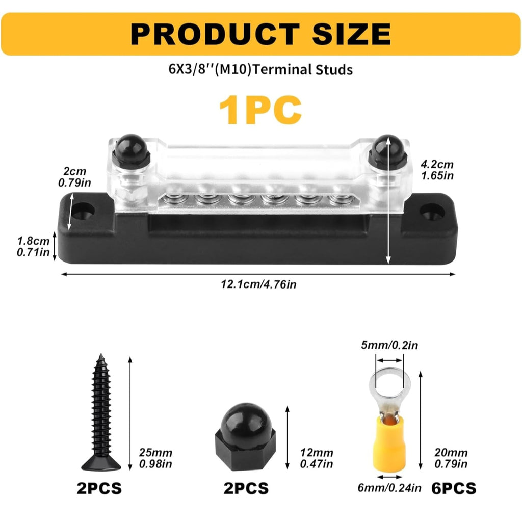 12V-48V 150A Bus Bar Power Distribution Block, M6 Studs M4 Screws, Insulated Common Busbar for power wire.