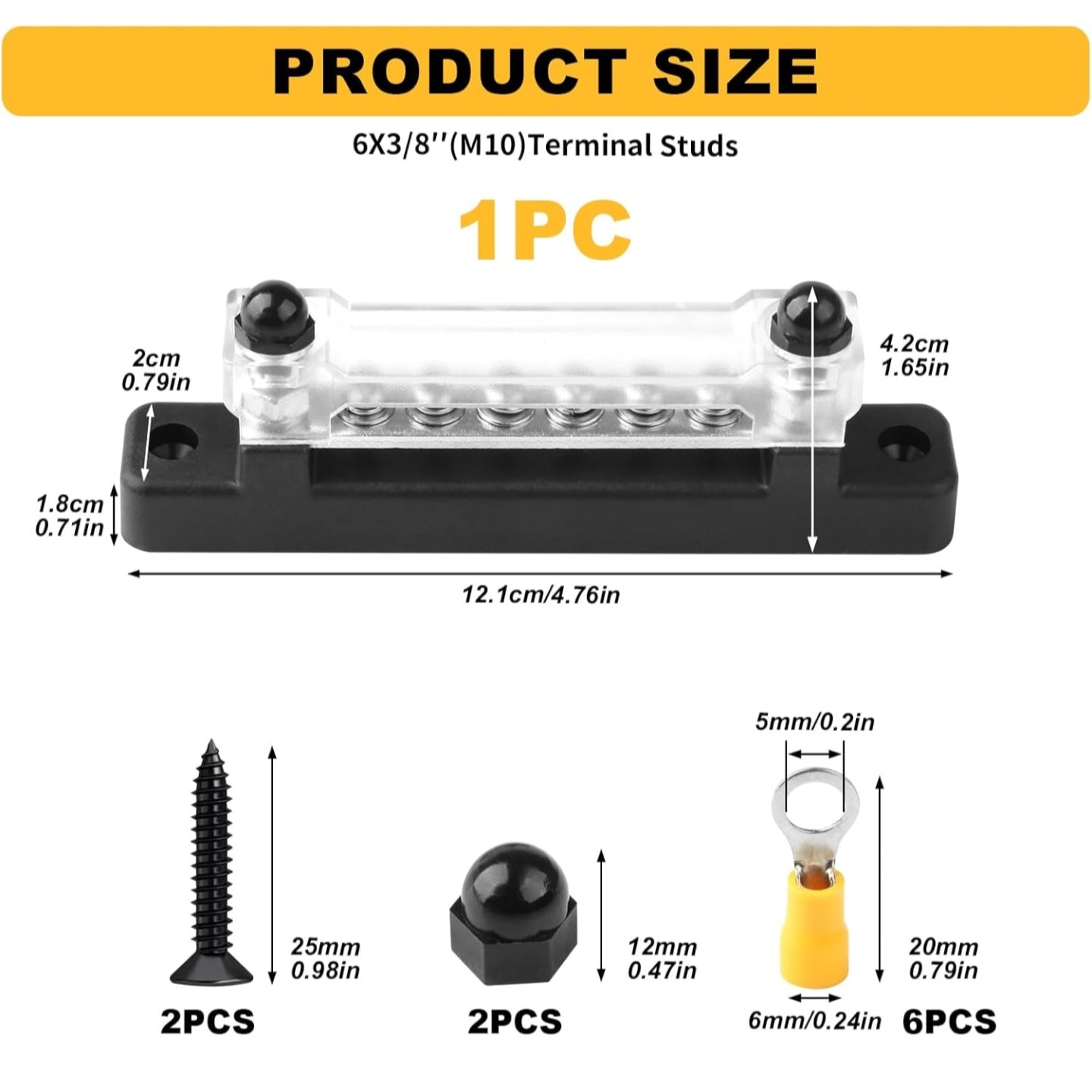 12V-48V 150A Bus Bar Power Distribution Block, M6 Studs M4 Screws, Insulated Common Busbar for power wire.