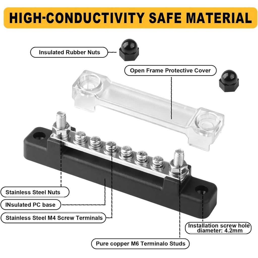 12V-48V 150A Bus Bar Power Distribution Block, M6 Studs M4 Screws, Insulated Common Busbar for power wire.