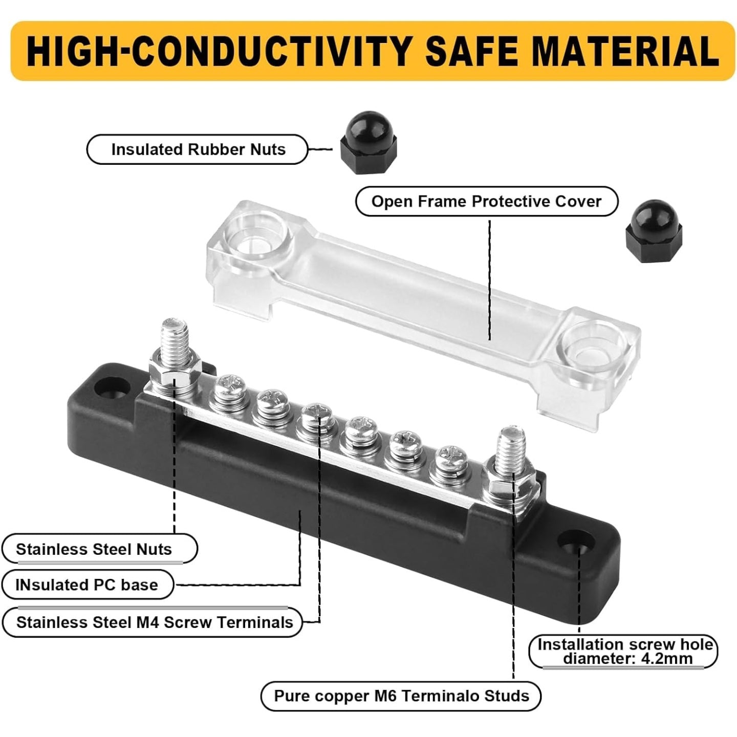 12V-48V 150A Bus Bar Power Distribution Block, M6 Studs M4 Screws, Insulated Common Busbar for power wire.