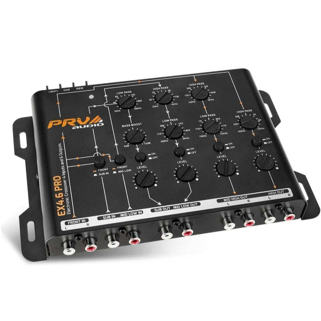 PRV Audio Crossover Car Audio EX4.6 PRO 4 Way or 3 Way Electronic Crossover 9 Volts, 4 in 6 Out RCA Channels Car Sound Processor - EX4.6PRO