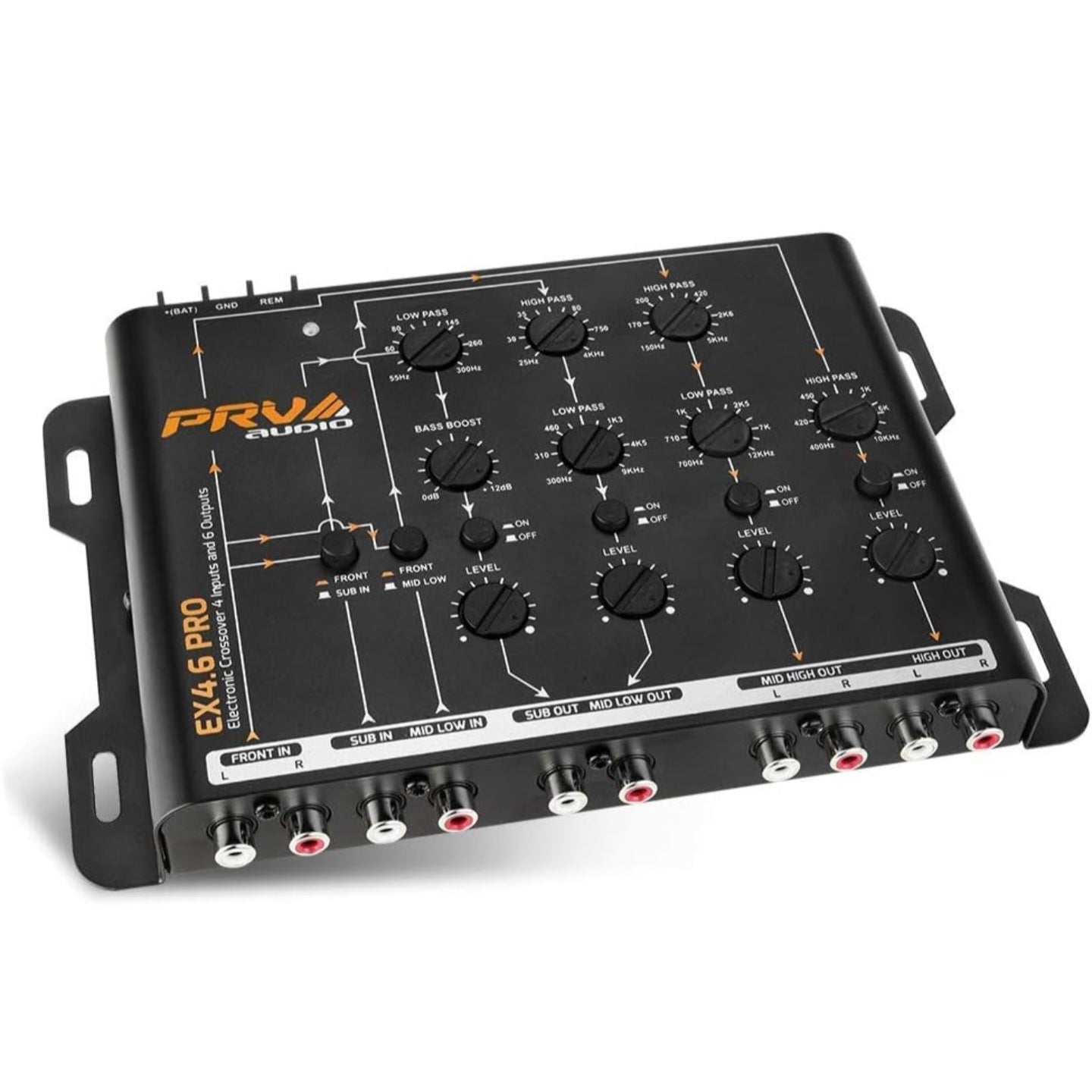 PRV Audio Crossover Car Audio EX4.6 PRO 4 Way or 3 Way Electronic Crossover 9 Volts, 4 in 6 Out RCA Channels Car Sound Processor - EX4.6PRO
