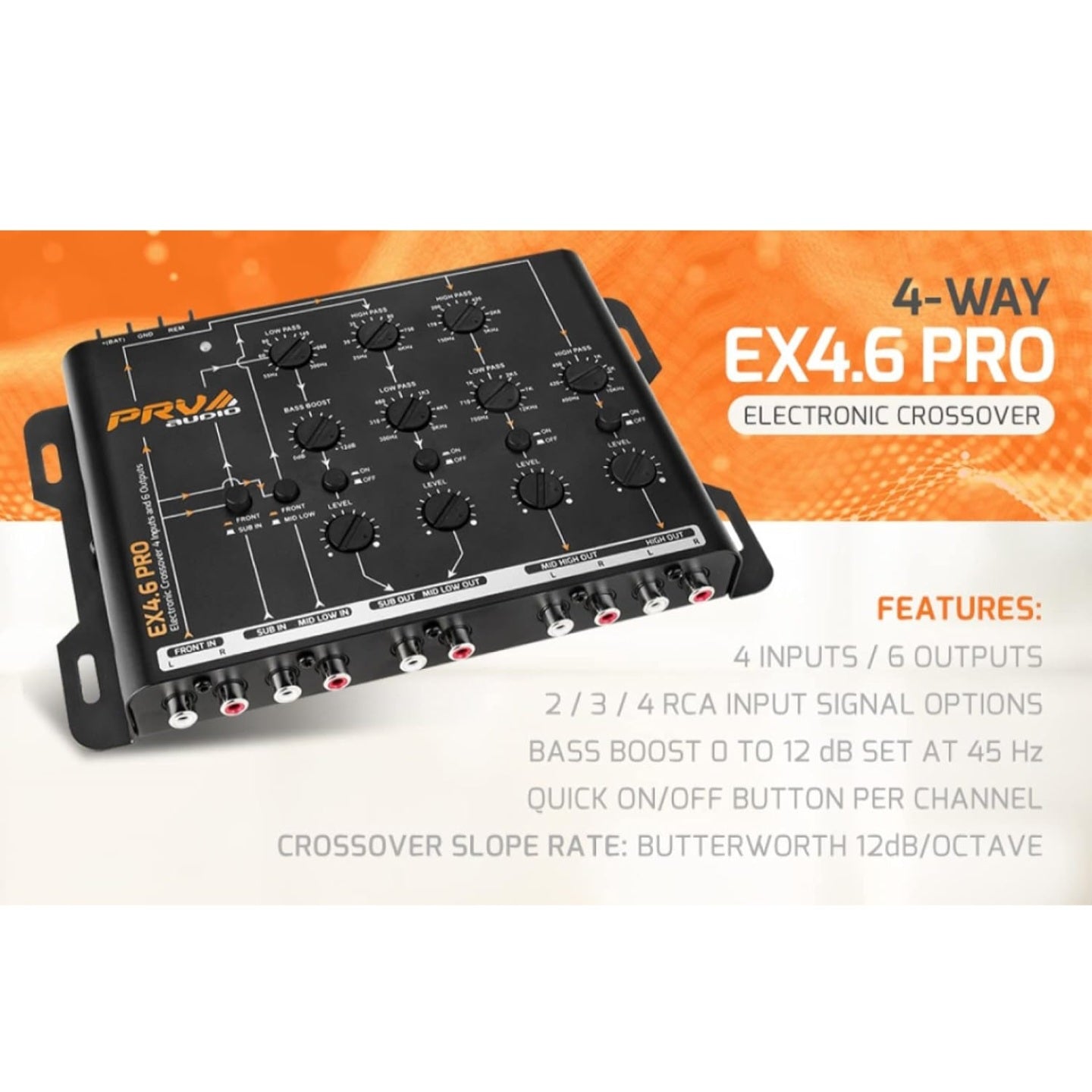 PRV Audio Crossover Car Audio EX4.6 PRO 4 Way or 3 Way Electronic Crossover 9 Volts, 4 in 6 Out RCA Channels Car Sound Processor - EX4.6PRO