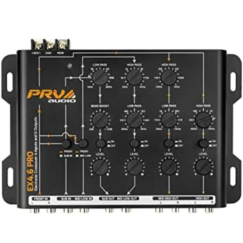 PRV Audio Crossover Car Audio EX4.6 PRO 4 Way or 3 Way Electronic Crossover 9 Volts, 4 in 6 Out RCA Channels Car Sound Processor - EX4.6PRO