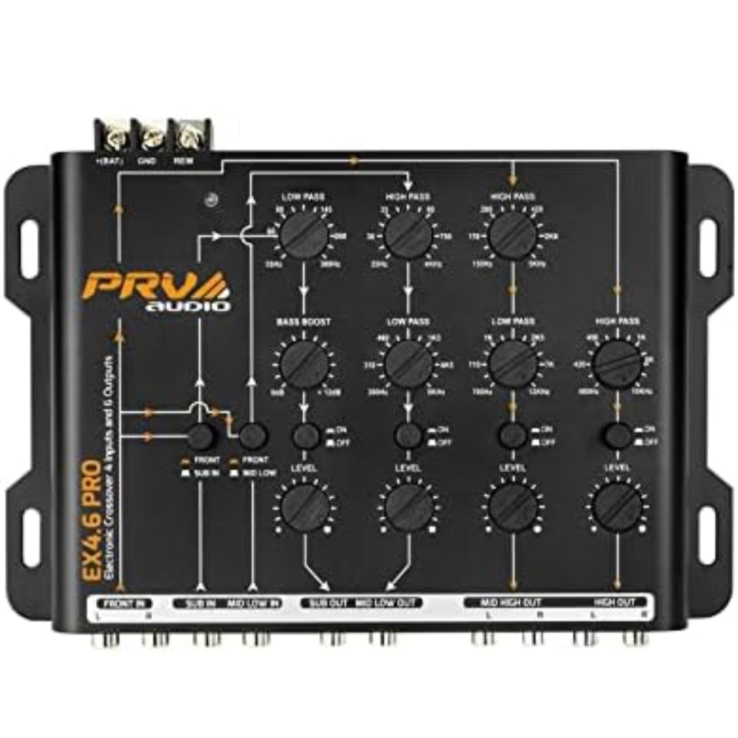 PRV Audio Crossover Car Audio EX4.6 PRO 4 Way or 3 Way Electronic Crossover 9 Volts, 4 in 6 Out RCA Channels Car Sound Processor - EX4.6PRO