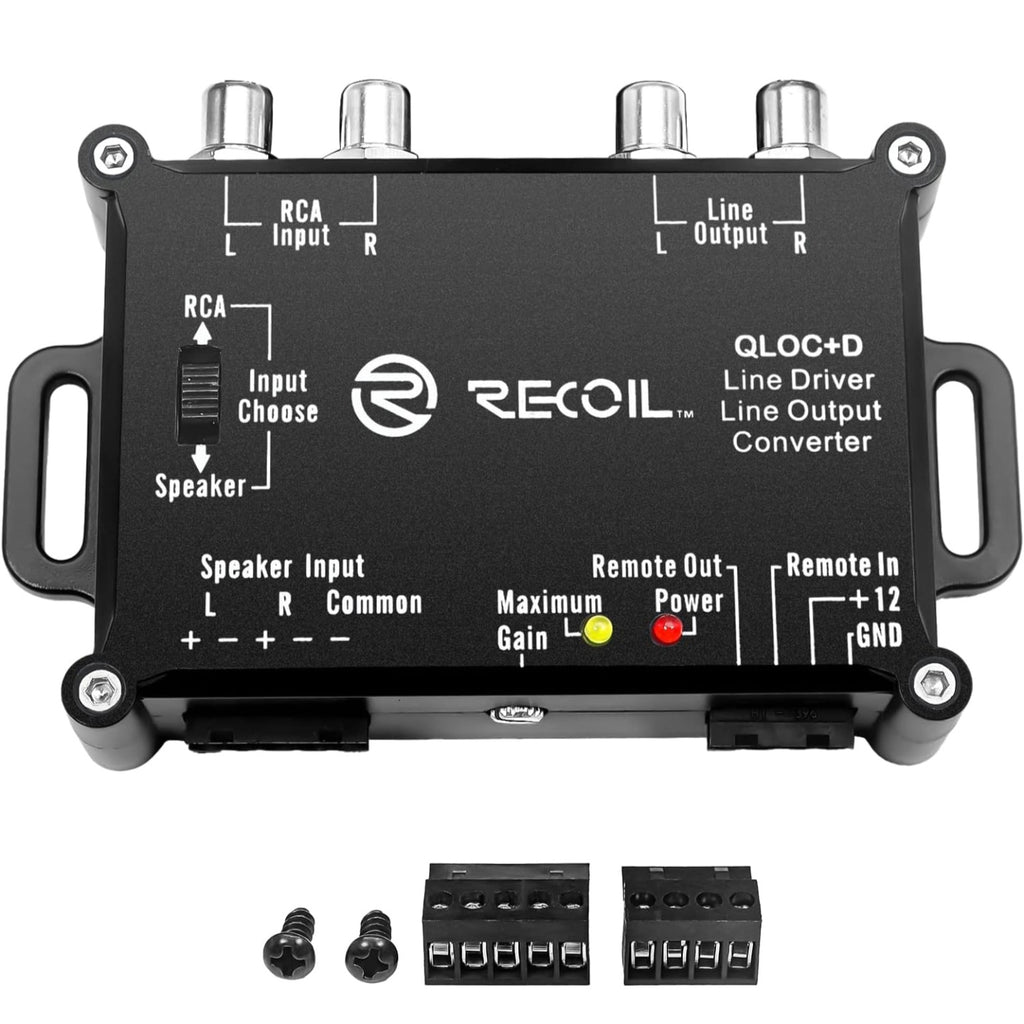 Recoil LOCD Active 2-Channel Line Output Converter & Driver, 10V Pre-Amp Output with Auto Sense Remote Turn-On, Adjustable Gain, Low Noise & Clipping LEDs for OEM Car Amplifier Integration