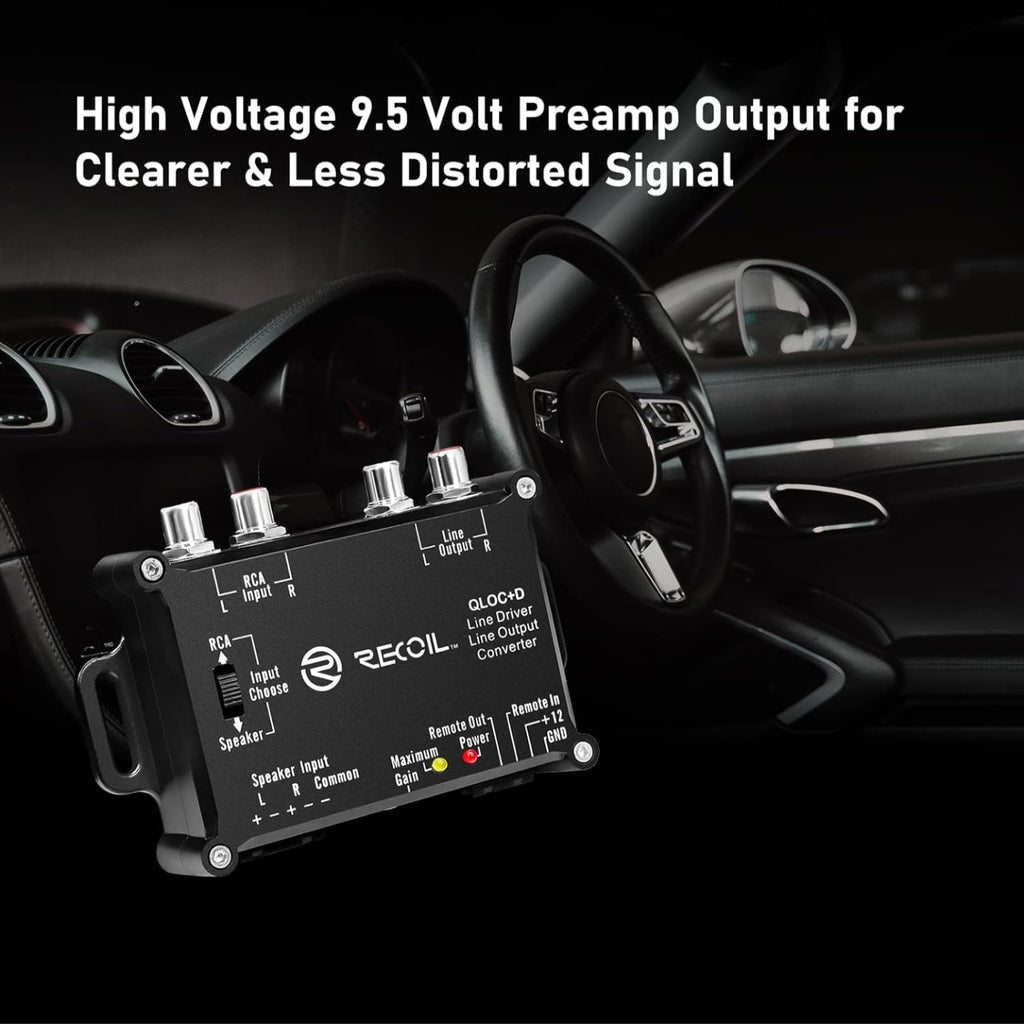 Recoil LOCD Active 2-Channel Line Output Converter & Driver, 10V Pre-Amp Output with Auto Sense Remote Turn-On, Adjustable Gain, Low Noise & Clipping LEDs for OEM Car Amplifier Integration