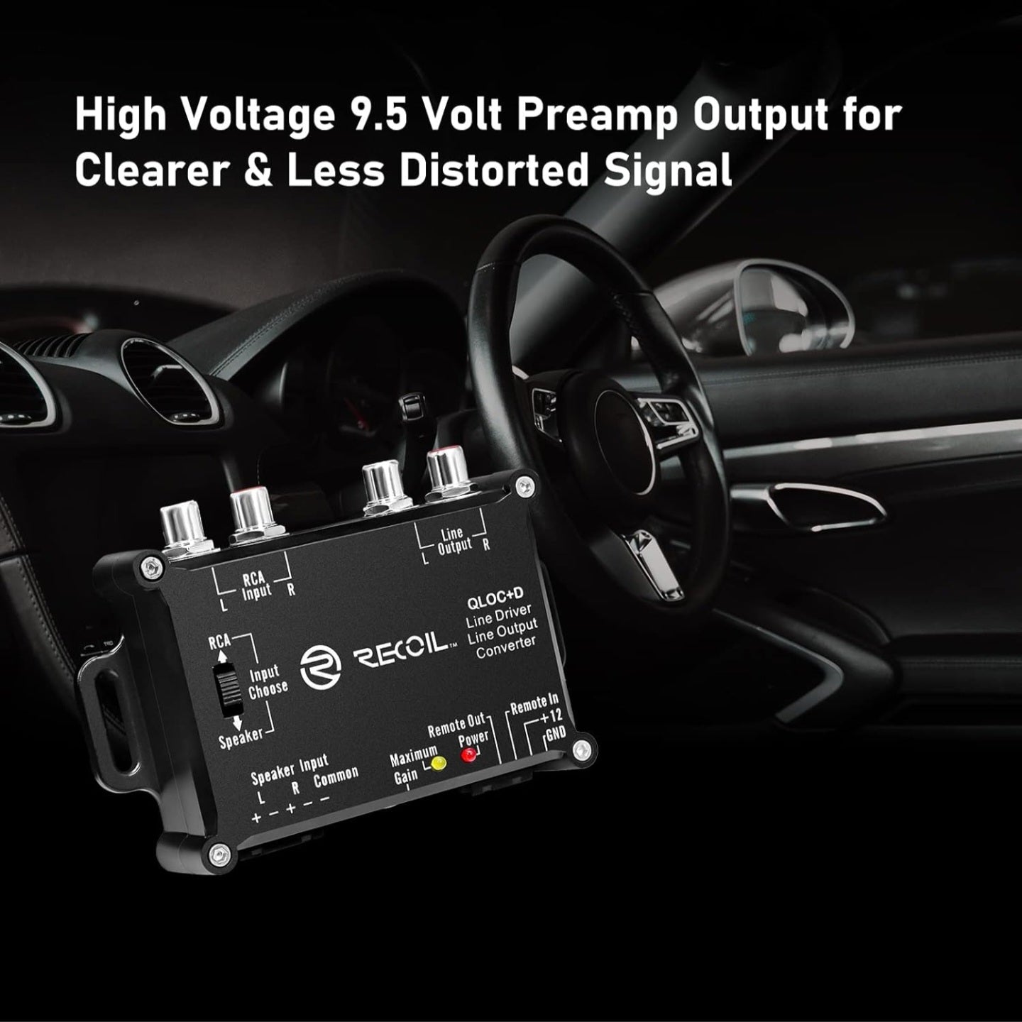 Recoil LOCD Active 2-Channel Line Output Converter & Driver, 10V Pre-Amp Output with Auto Sense Remote Turn-On, Adjustable Gain, Low Noise & Clipping LEDs for OEM Car Amplifier Integration