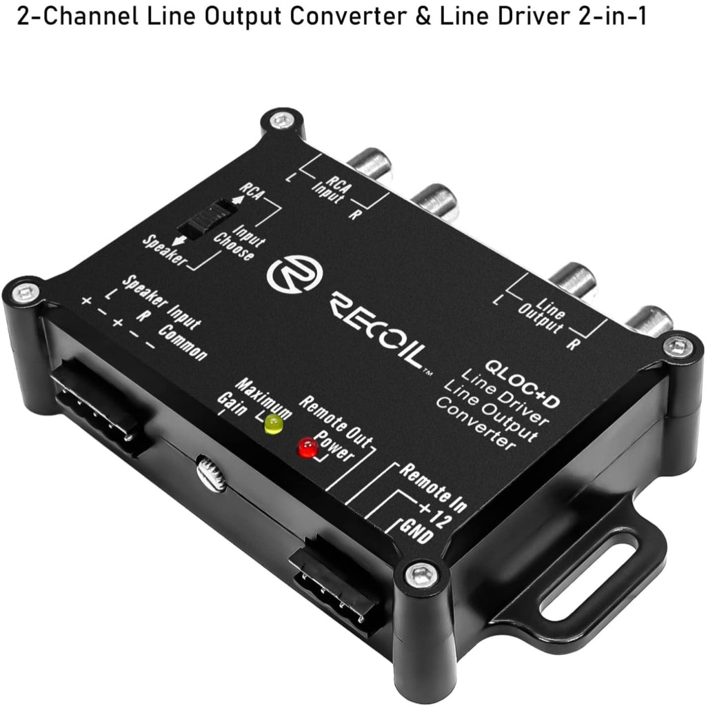 Recoil LOCD Active 2-Channel Line Output Converter & Driver, 10V Pre-Amp Output with Auto Sense Remote Turn-On, Adjustable Gain, Low Noise & Clipping LEDs for OEM Car Amplifier Integration