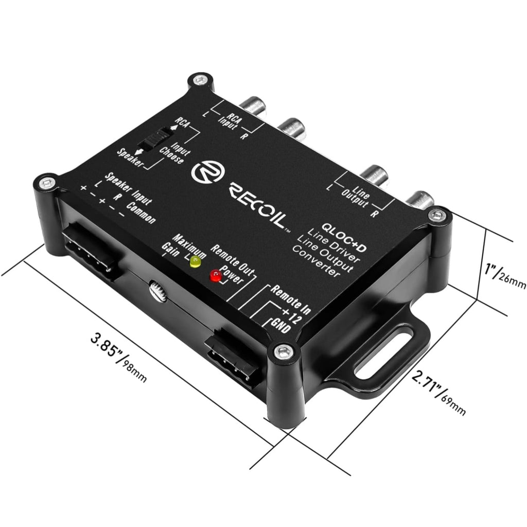 Recoil LOCD Active 2-Channel Line Output Converter & Driver, 10V Pre-Amp Output with Auto Sense Remote Turn-On, Adjustable Gain, Low Noise & Clipping LEDs for OEM Car Amplifier Integration