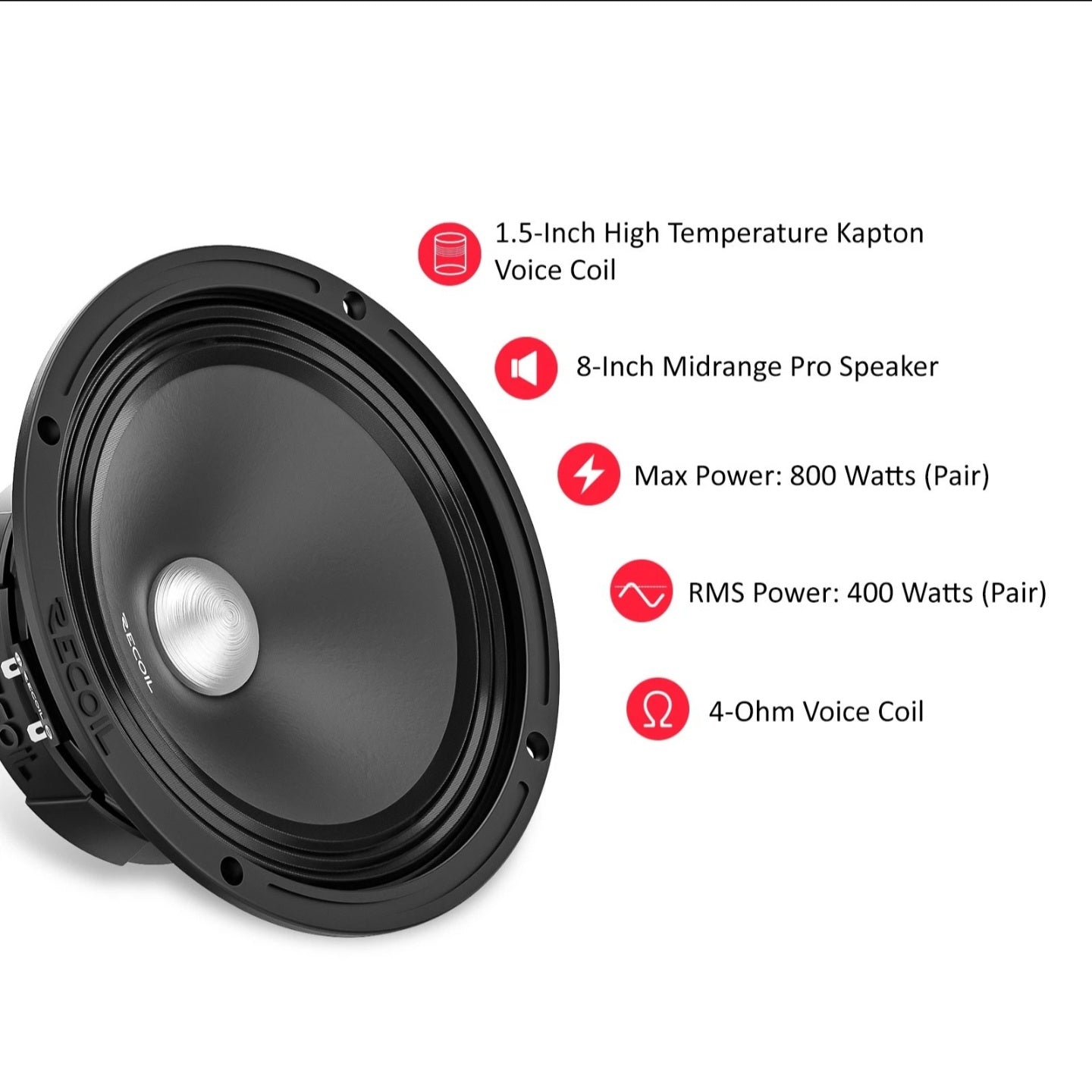 MS8-4P 8" Midrange Car Speakers 800W Max 400W RMS 4 Ohm Pair