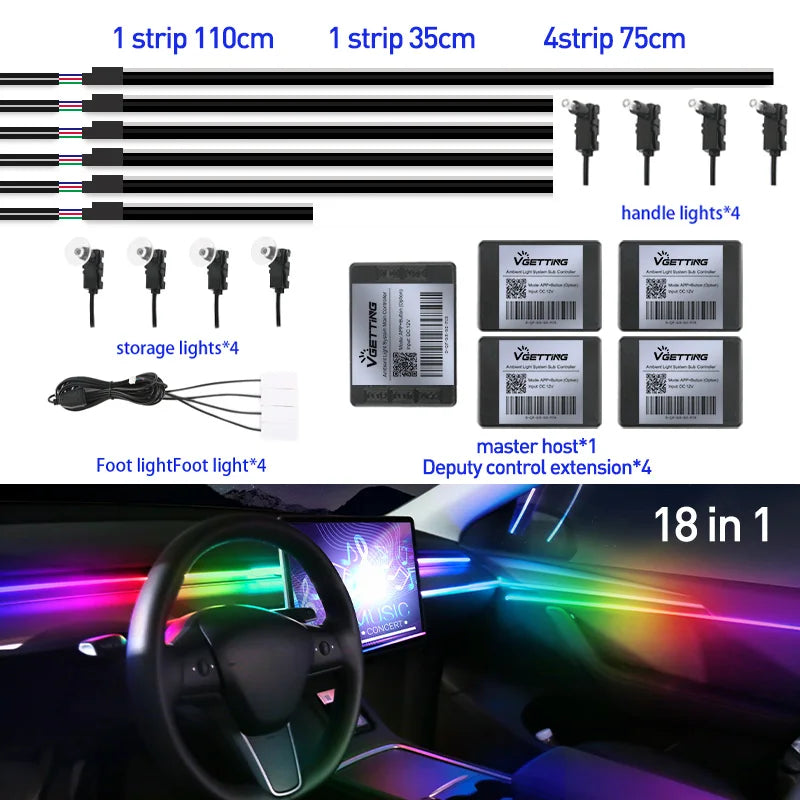 Full Color Streamer Car Ambient Lights RGB 64 Color Universal LED Interior