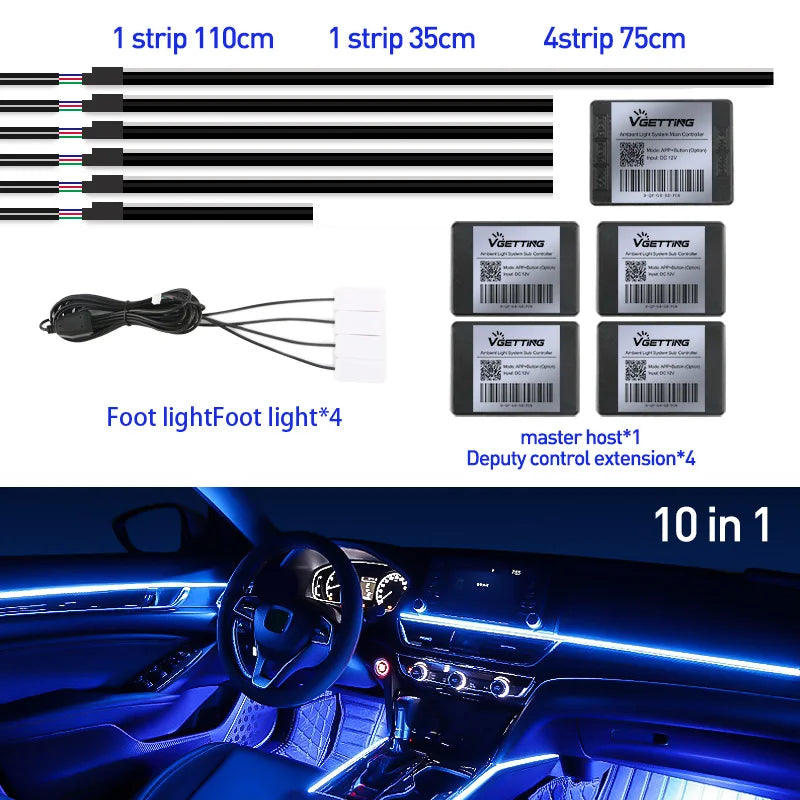 Full Color Streamer Car Ambient Lights RGB 64 Color Universal LED Interior